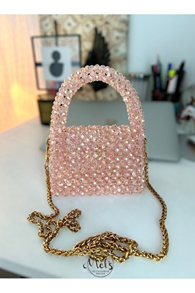 MEL'S DESIGN Shine Nude - Geantă mică de zi cu zi modernă cu mărgele de cristal și sticlă roz