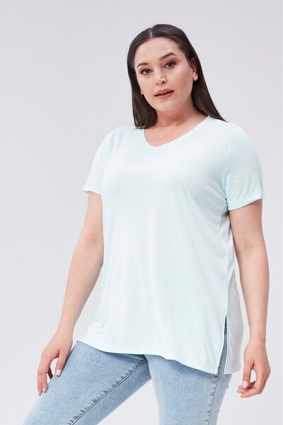 Seamoda Μπλουζάκι Basic Βαμβακερό με λαιμόκοψη σε μεγάλο μέγεθος - ΑΝΟΙΧΤΟ ΜΠΛΕ