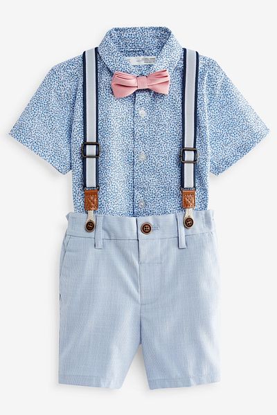 Next Baby Blue Smart Shirt and Shorts Bow Tie Pants - 100% Cotton Sling Set