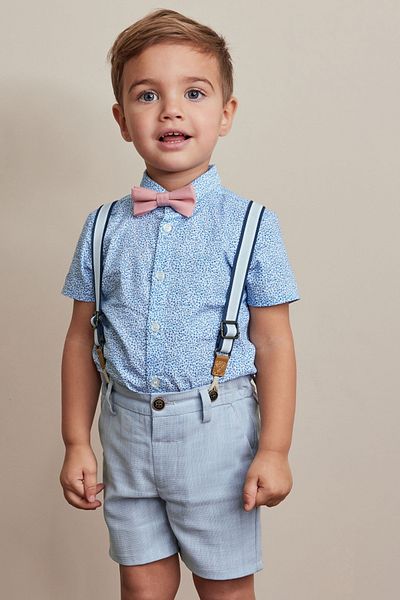 Next Baby Blue Smart Shirt and Shorts Bow Tie Pants - 100% Cotton Sling Set