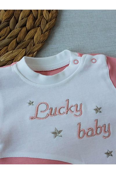 emosavm 0-3 3-6 Months Lucky Baby Embroidered Lined Hat Girl Baby Romper Powder