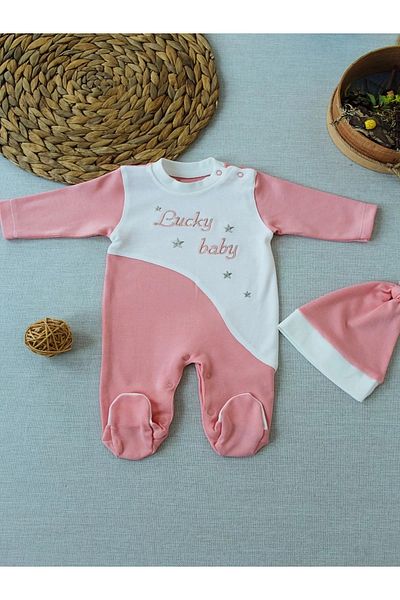 emosavm 0-3 3-6 Months Lucky Baby Embroidered Lined Hat Girl Baby Romper Powder