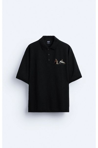 Darkia Tricou negru oversize pentru bărbați cu gât polo - Fight Club imprimat
