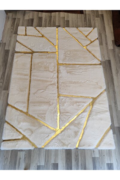 Genel Markalar Gold Çizgili Açık Krem Peluş Halı