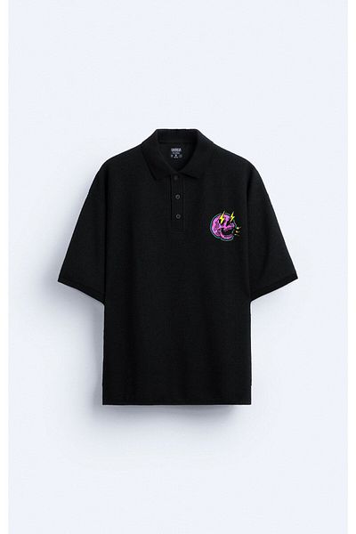 Darkia Tricou negru pentru bărbați cu guler polo oversize cu imprimeu Skully Head