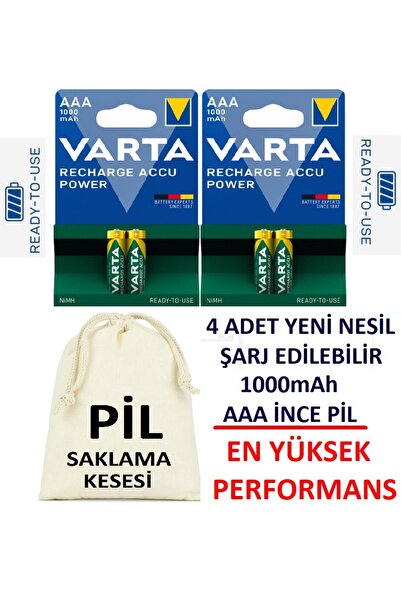 Varta 1000mah Ni-mh Ready To Use Aaa Şarjlı Ince Kalem Pil 4'lü Paket+Pil Sak...