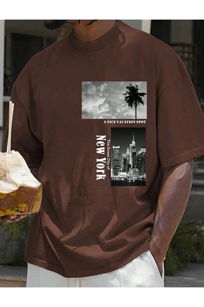 SELENA BUTİK Μπλουζάκι Unisex Brown Great City NY Cotton Oversize