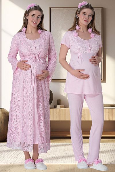 Mecit Pijama Σετ νυχτικό και φόρεμα εγκυμοσύνης από βαμβακερή βισκόζη - Δαντέλα