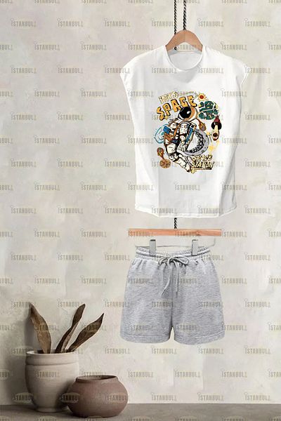 aynewmoda into space astronaut - space estation Printed 0 sleeve T-shirt shorts Tracksuit Bottom Top Set