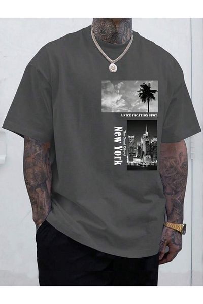 SELENA BUTİK Unisex Grey Great City NY Βαμβακερό μπλουζάκι Oversize