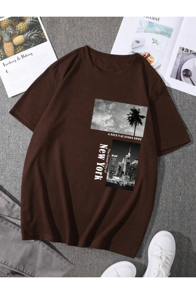 SELENA BUTİK Μπλουζάκι Unisex Brown Great City NY Cotton Oversize