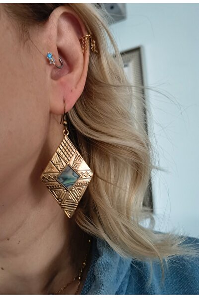 Bylin Takı Mother of Pearl Patterned Vintage Gold Earrings-1 Pair