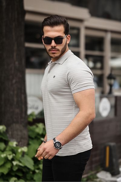 COMBİNE MİCHAİL Ανδρικό μπλουζάκι από βαμβακερό ύφασμα που δεν συρρικνώνεται με λεπτή εφαρμογή σε γκρι μπλουζάκι πόλο που δεν μπούκλες