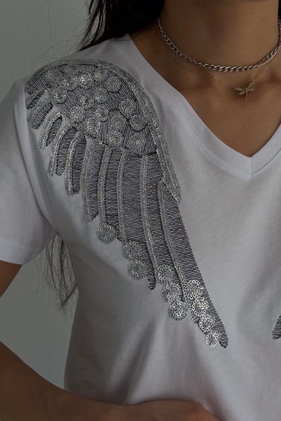 FEMELLE White V-Neck - Women's 100% Cotton T-Shirt with Angel Wings and Sequins