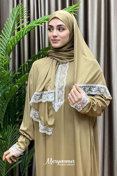 MERYEMNUR Lace Jersey Mink Prayer Dress - With Self-Wrap