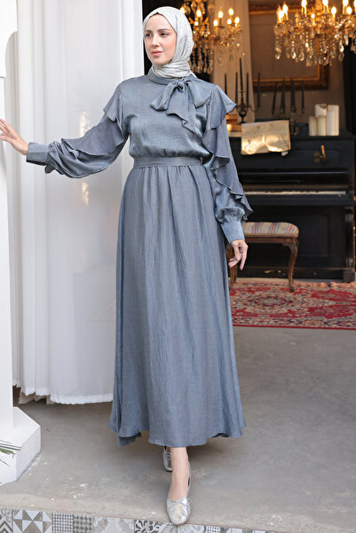 benguen Γυναικείο φόρεμα με βολάν με λεπτομέρειες με ζώνη 2092 γκρι