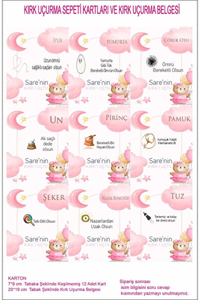 43 cici süsler organizasyon Kırk Uçurma Kartları Kız Bebek 12 Adet 7*9  Cm Ta...