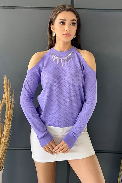 GÜLSELİ Bluză de damă din tricot de piatră, cu umăr liliac, decoltat