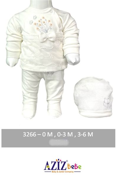 Aziz Bebe 0-3-6 Months Size Lace 3-Piece Baby Set - With Lower Upper Hat and Feet