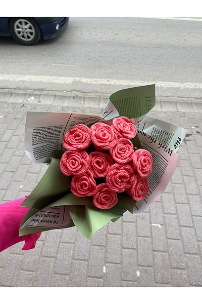 çınar kadın kooperatifi Πλεκτό μπουκέτο τριαντάφυλλο, ροζ χρώματος σολομού, χειροποίητο πλεκτό μπουκέτο λουλουδιών, δώρο για τη μαμά, για τον εραστή, για τον δάσκαλο