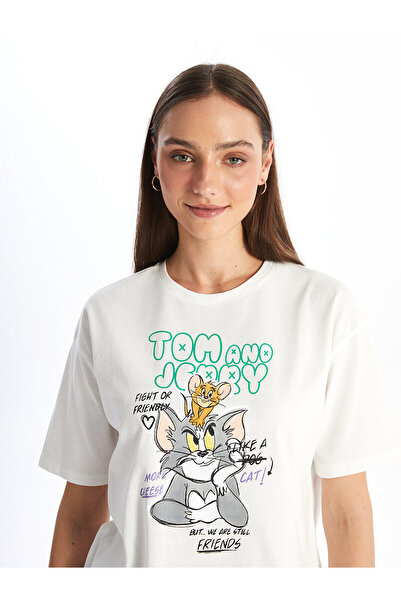 LC Waikiki Kurzärmliges Damen-T-Shirt mit Fahrradkragen und Tom&Jerry-Aufdruck