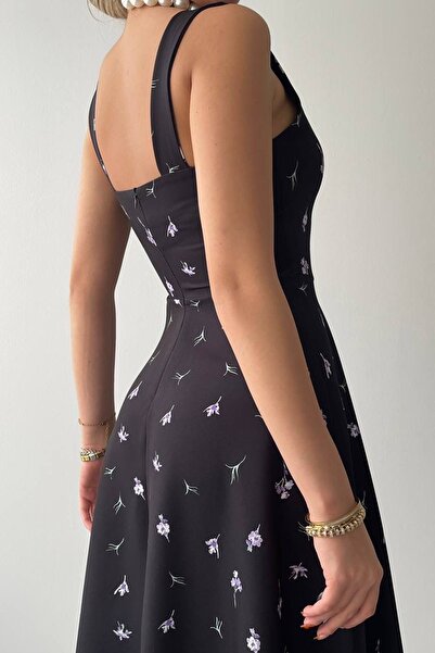 vuvutasarım Women's Square Neck Thick Strap Design Midi Length Floral Print Black Evening Dress 151