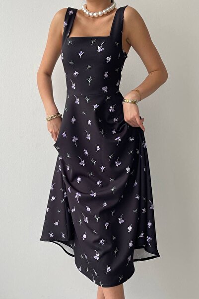 vuvutasarım Women's Square Neck Thick Strap Design Midi Length Floral Print Black Evening Dress 151