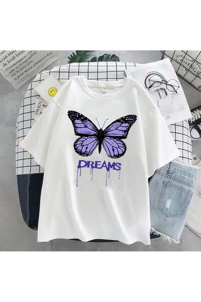 Toum Μπλουζάκι με στάμπα Butterfly Dreams - Damphaobi Λευκό Unisex Oversize T...