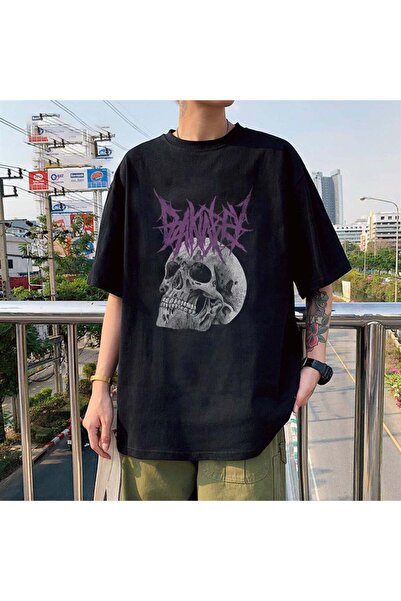 Toum Tricou negru unisex supradimensionat cu imprimeu cu craniu fără moarte D...