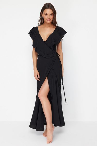 Trendyol Collection Černé maxi tkané plážové šaty s kravatou TBESS24EL00074