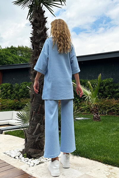 Trend Alaçatı Stili Woman's Blue Slit Boyfriend T-Shirt And Trousers Interlock Set ALC-X12201