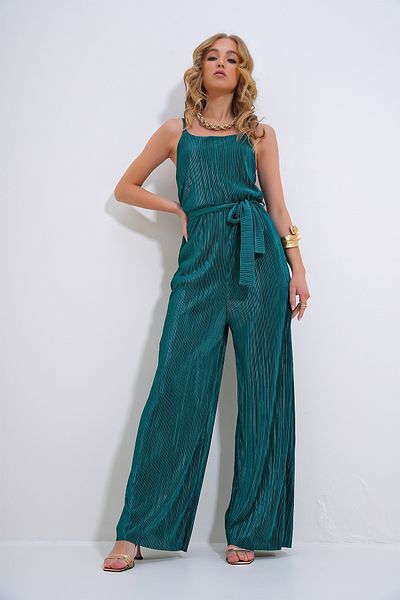 Trend Alaçatı Stili Women's Green Strappy Waist Belted Chest Low-cut Pleated Jumpsuit ALC-X12192
