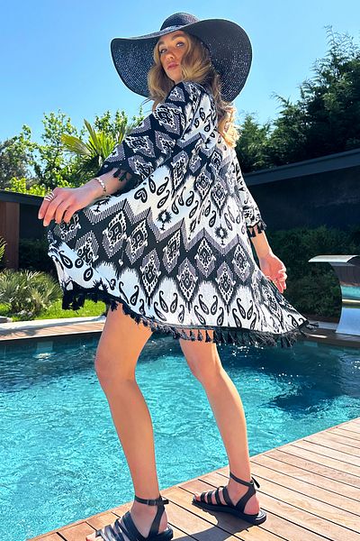 Trend Alaçatı Stili Women's Black Ethnic Patterned Tasseled Kimono Jacket ALC-X12263