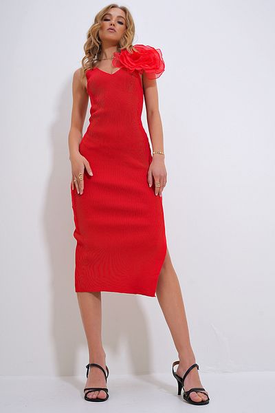 Trend Alaçatı Stili Rotes Midikleid aus Strick mit V-Ausschnitt und Rosenmotiv für Damen ALC-X12184