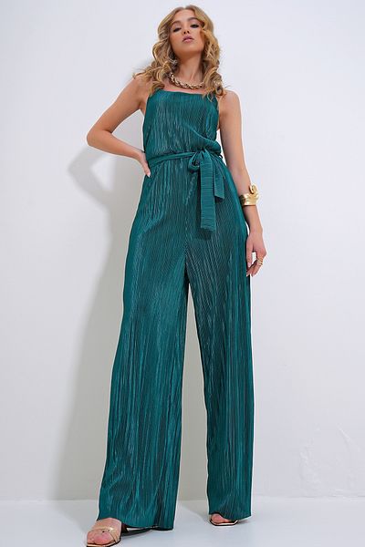 Trend Alaçatı Stili Women's Green Strappy Waist Belted Chest Low-cut Pleated Jumpsuit ALC-X12192