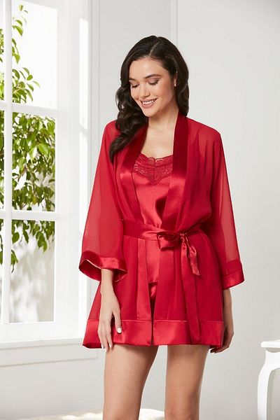 Pierre Cardin 3-Piece Satin Lace Shorts and Chiffon Lace Dressing Gown Set - 2475
