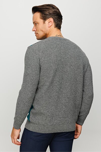 Desen Triko Men's Crew Neck Front Colored Wool Sweater Smoked