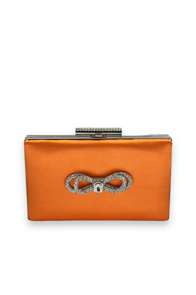 Generic Brand Orange Satin - Crystal Stone Detailed Evening and Graduation Bag