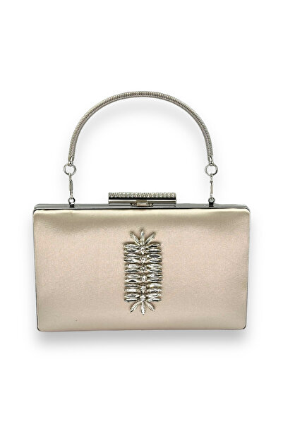 MidStore Geantă de seară din satin nud cu mâner și strasuri de cristal, clutch pentru mireasă, henna sau absolvire.