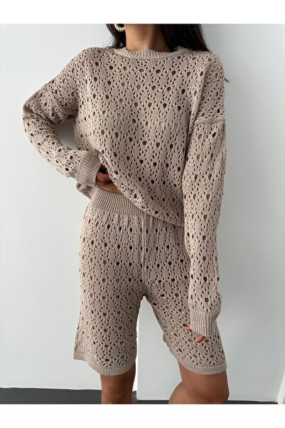 KENZA'A TRİKO Σετ διάτρητη γυναικεία μπλούζα και σορτς