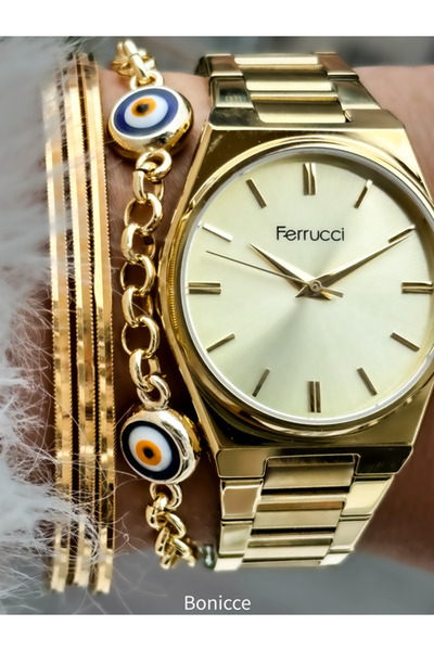 Ferrucci Marka 34 mm Kasa Çapı Sarı Renk, Çelik Kordon, Sade Model Kadın Kol ...