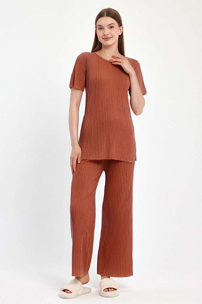 MEBA Women's Seasonal Short Sleeve Ribbed Tile Pajama Set