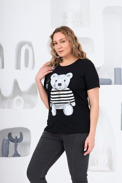 RMG Large Size Black Teddy Bear Printed T-Shirt