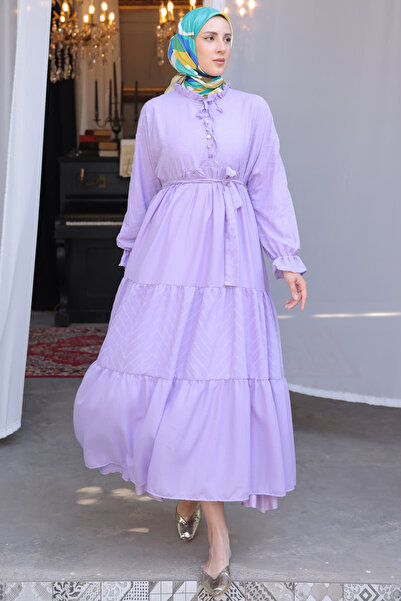 benguen 1423 Front Button Chiffon Dress Lilac