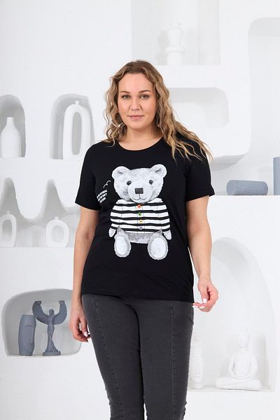 RMG Large Size Black Teddy Bear Printed T-Shirt