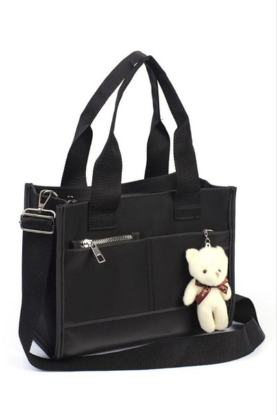 ARTON Black Buzi Leather Double Pocket Teddy Bear Column Strap Shoulder Bag