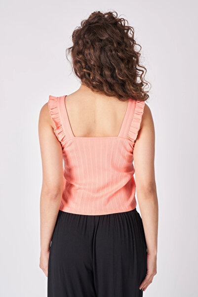 defys Women's V-Neck Zero Sleeve Stretch Fabric Ruffle Blouse Coral