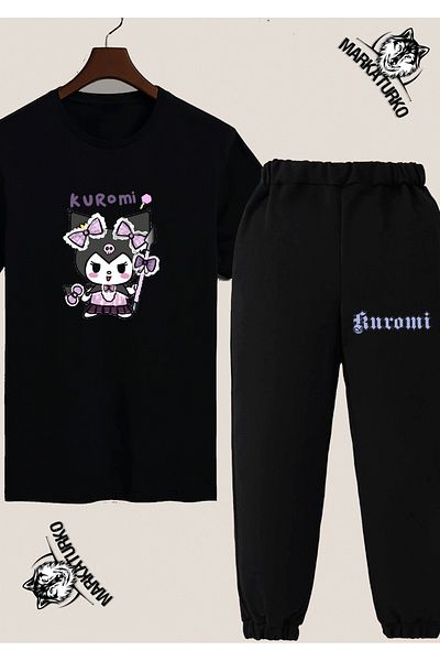 MarkaTurko Asi&Cute Special Design Cotton Black Tshirt-Sweatpants Combination
