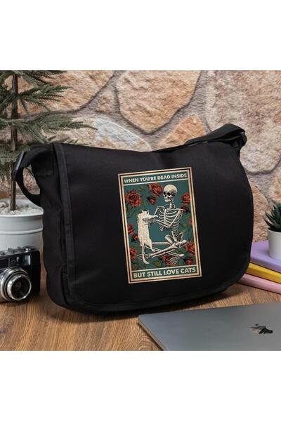 Toum Geantă Messenger unisex neagră DamlaHobby - Design schelet și pisică