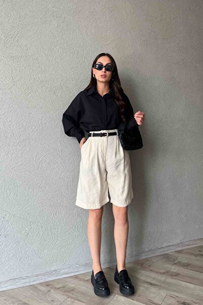 Seda Yalçın Atelier Βασικό σορτς βερμούδας με διπλή πιέτα σε μπεζ χρώμα